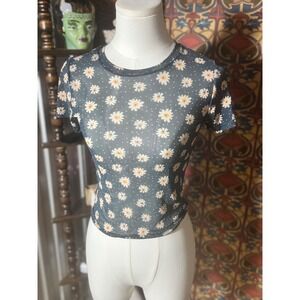 Cloud Dancer Daisy Mesh Top XS Sheer Floral Print Crop Tee Shirt